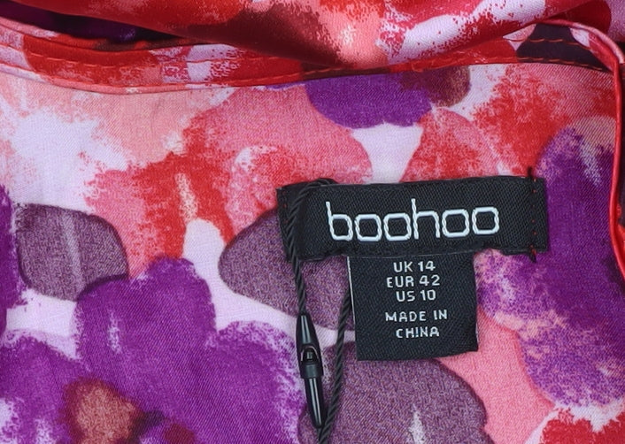 Boohoo Women’s Red Purple Floral Midi Wrap Dress Size 14