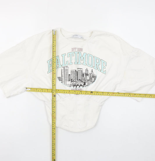 Bershka Womens White Cropped Baltimore Short Sleeve T-Shirt Size S