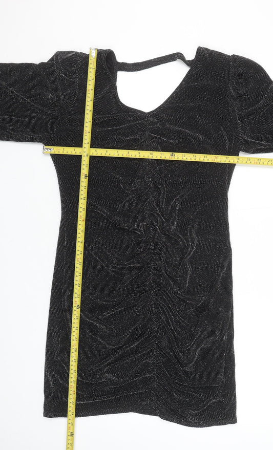 Wallis Women’s Black Glitter Ruched Bodycon Knee Length Dress Size 14