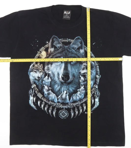 Wild Mens Black XL Wolf Dreamcatcher Graphic Cotton T-Shirt