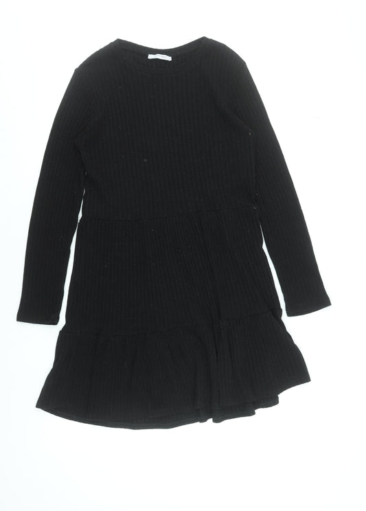 Zara Women Black Knit Trapeze Swing Dress Size M Long Sleeve