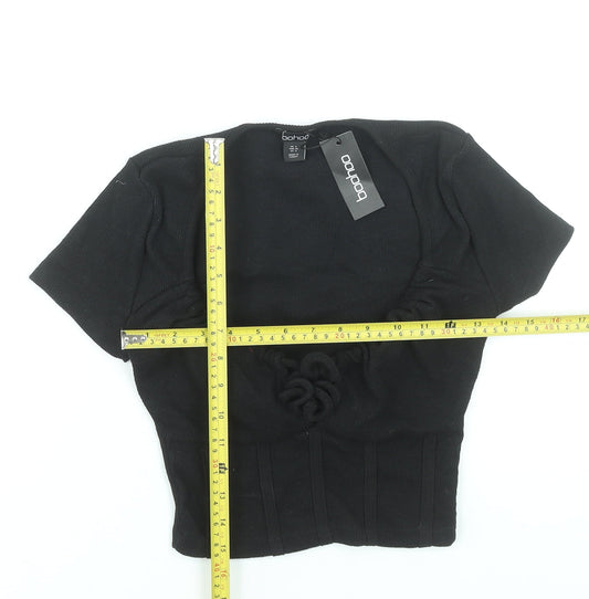 Boohoo Women’s Black Cropped T-Shirt UK 8 Short Sleeve Stretch Top