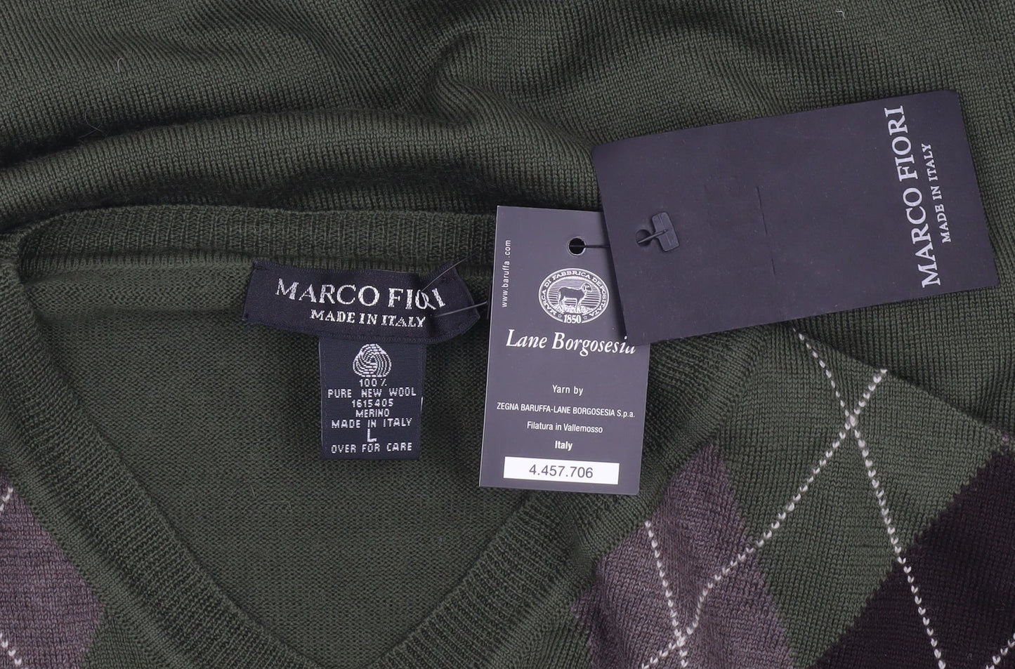Marco Fiori Men's Green Argyle Merino Wool V-Neck Jumper Size L