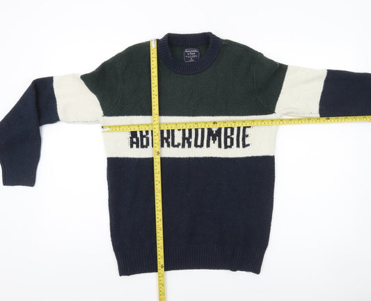 Abercrombie & Fitch Mens Green Navy Cream Crew Neck Pullover Jumper XS