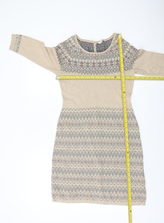Monsoon Women Beige Knit Shift Dress S Geometric Pattern 3/4 Sleeve