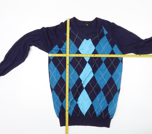 Dunlop Men Blue Argyle V-Neck Pullover Jumper Size M