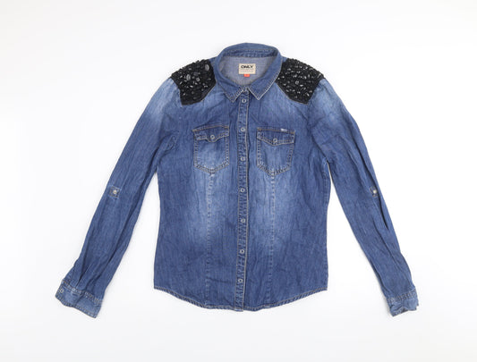 Womens UK Size 12 Only Blue Denim Button-Up