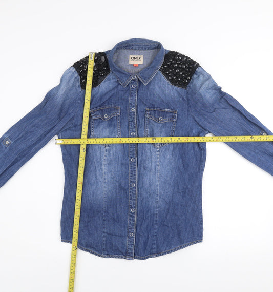 Womens UK Size 12 Only Blue Denim Button-Up