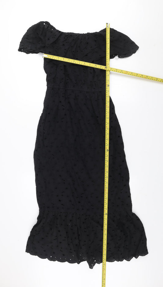 Dunnes Women Black Size 8 Off Shoulder Ruffle Midi Cotton Dress