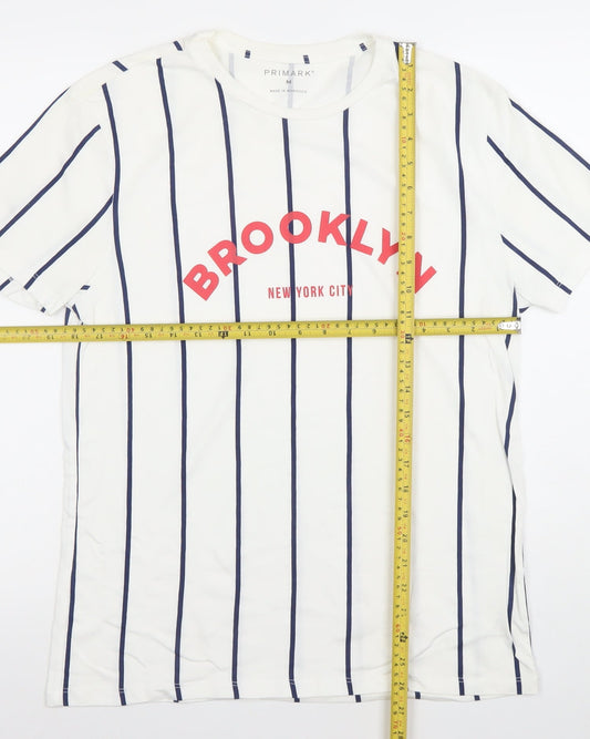 Primark Men's White Striped Brooklyn Graphic T-Shirt M