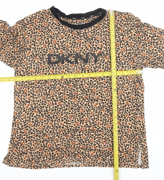 DKNY Womens Beige Leopard Print Logo T-Shirt Size S Short Sleeve