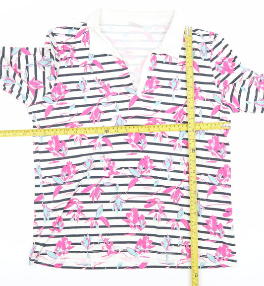 Damart Women's Multicoloured Floral Striped Cotton Polo Top M