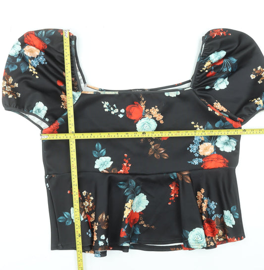 Boohoo Womens Plus Black Floral Puff Sleeve Cropped Blouse Size 26