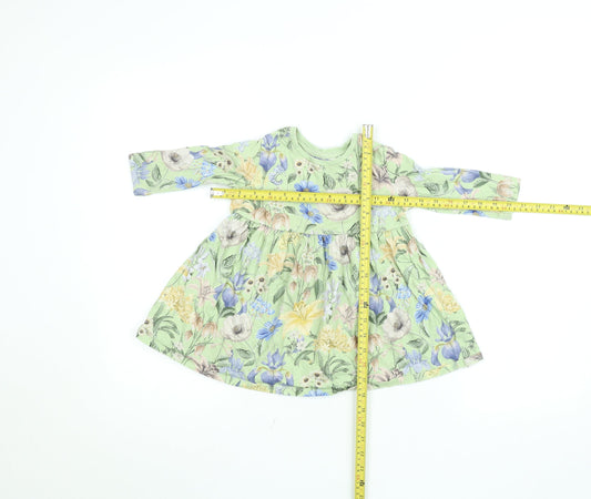 Next Girls Green Floral Cotton A-Line Dress 12-18 Months Long Sleeve