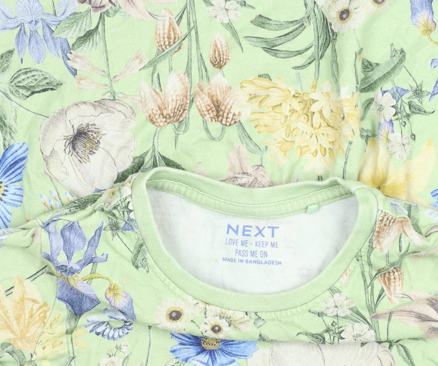 Next Girls Green Floral Cotton A-Line Dress 12-18 Months Long Sleeve