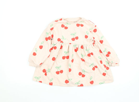 Marks and Spencer Girls Beige Cherry Print Long Sleeve Skater Dress 2-3 Years