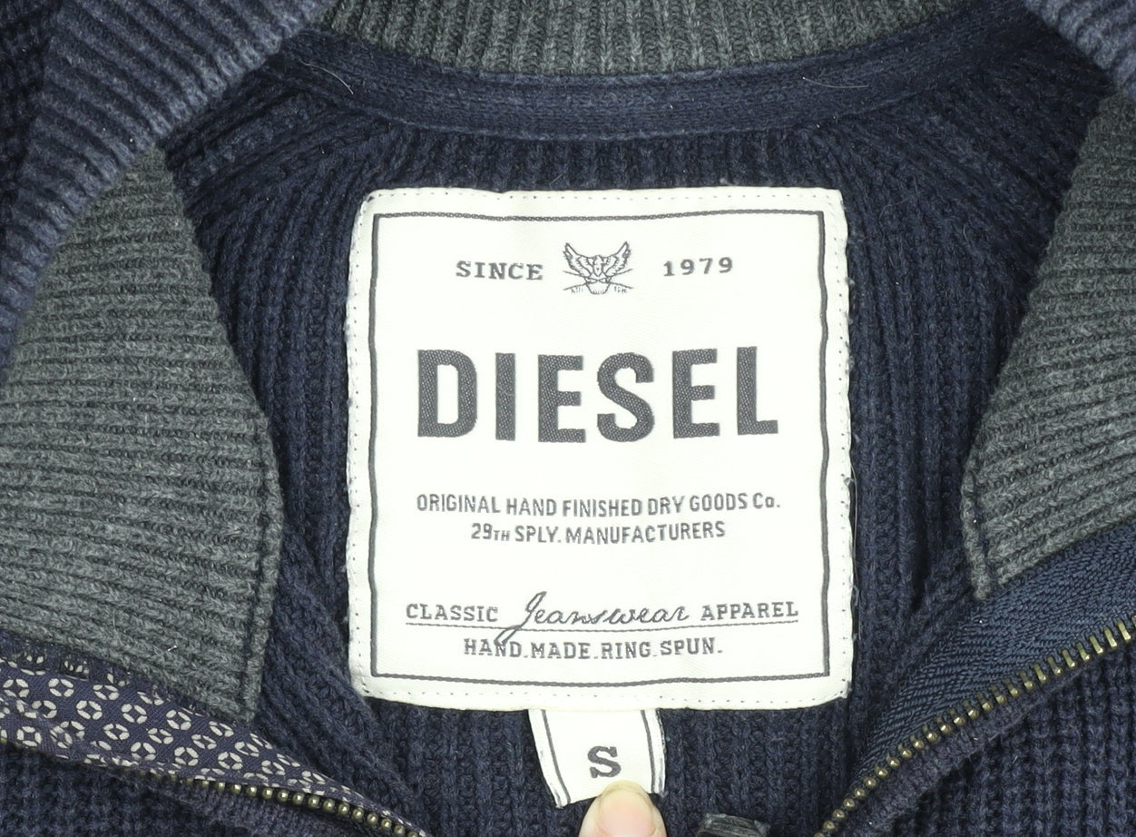 Diesel Men's Blue Cotton Blend 1/4 Zip Knit Jumper Size S