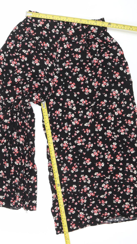 New Look Womens Black Floral Wide-Leg Culotte Trousers Size 8