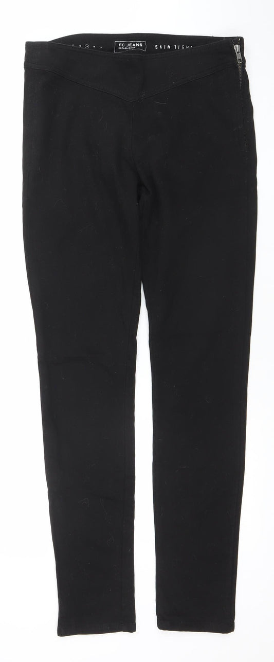 Additional front view of FC Jeans Women’s Black Skinny Jeans, size UK 12, Stretch Zip Hem