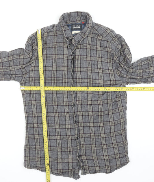Blend Men's Grey Check Cotton Flannel Long Sleeve Shirt L