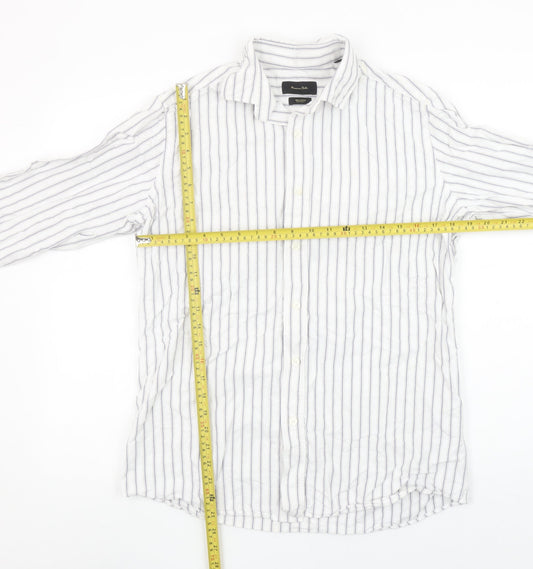 Massimo Dutti Men's White Blue Striped Long Sleeve Cotton Shirt M