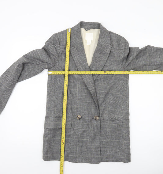 H&M Women Grey Checked Double-Breasted Blazer XS UK 6 Classic Wool Look
