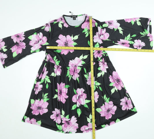 Boohoo Women’s Black Floral Skater Dress Size 10 3/4 Sleeve
