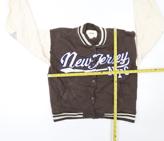 Pull & Bear Women Brown Varsity Jacket Medium Cotton New Jersey NYC
