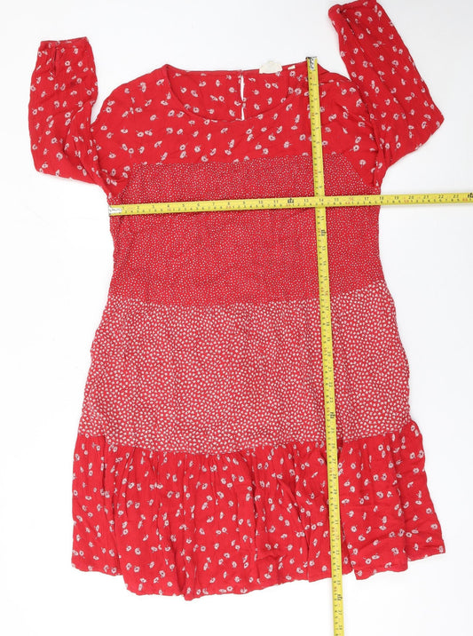 Fat Face Women Red Floral A-Line Viscose Knee Dress Size 12