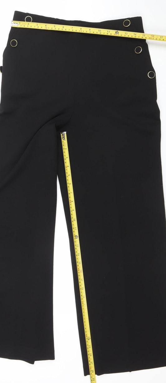 F&F Women Black UK 12 Cropped Trousers Elastic Waist Gold Rings