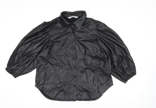 Zara Women Black Faux Leather Collared Button Jacket Size 14