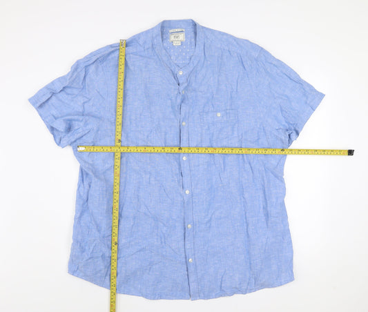 F&F Men's Blue Linen Blend Band Collar Short Sleeve 3XL Shirt