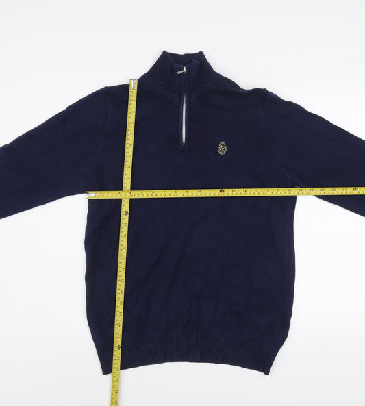 Luke Men's Blue Small 1/4 Zip Cotton Jumper High Neck Knitwear