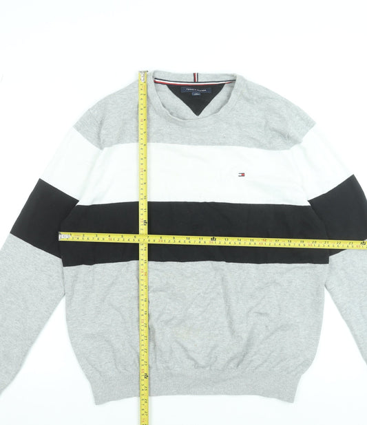Tommy Hilfiger Men’s Grey Striped Cotton Crew Neck Jumper L