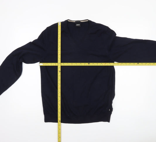 BOSS Men's Blue XL V-Neck Cotton Jumper Knit Pullover