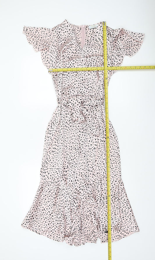 Quiz Women Pink Animal Print Wrap Dress Size 10 Flutter Sleeve