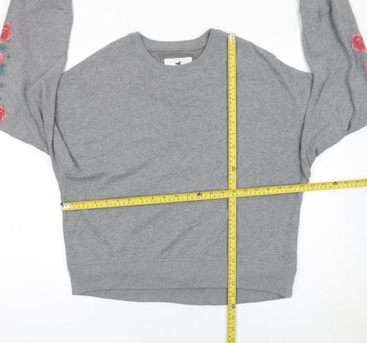 Hollister Women Grey Rose Print Crew Neck Pullover Sweatshirt M