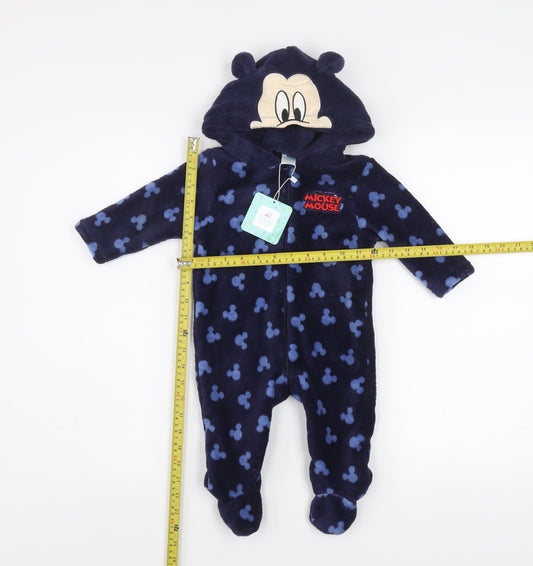 Disney Baby Blue Fleece Mickey Mouse Hooded One Piece Sleepsuit 9 Months