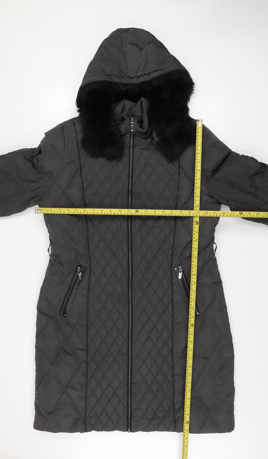 Phase Eight Women’s Black Long Quilted Fur Trim Hooded Puffer Coat UK 18