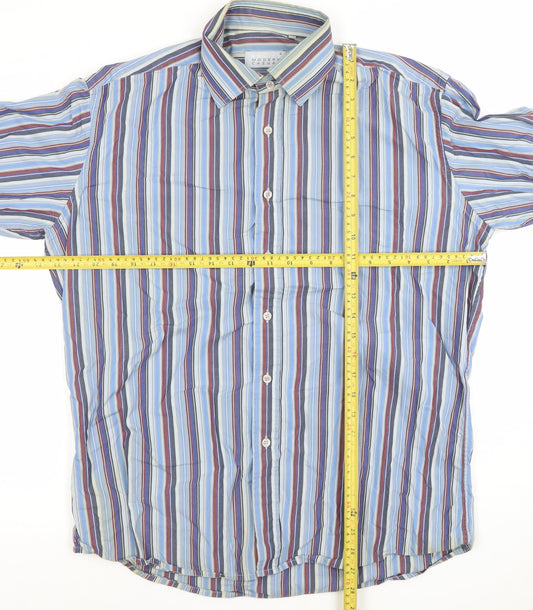 Advice Modern Casual Men's Blue Striped Long Sleeve Dress Shirt Size L
