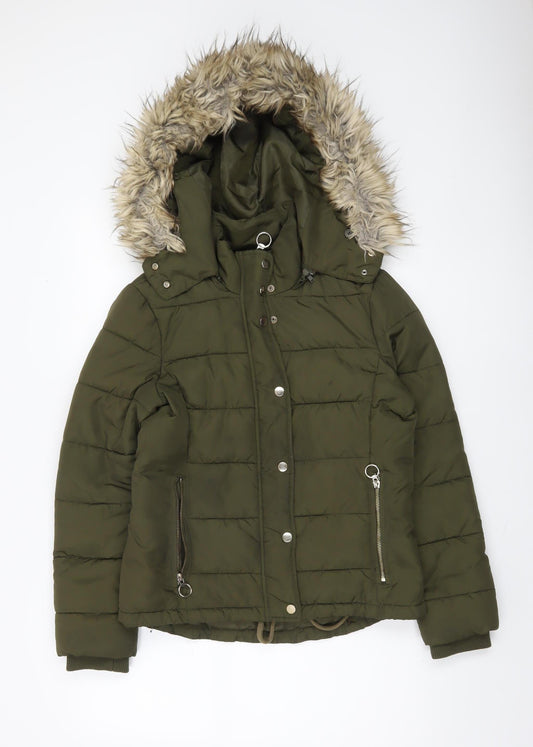 Topshop Women’s Green Faux Fur Hooded Puffer Jacket Size 10
