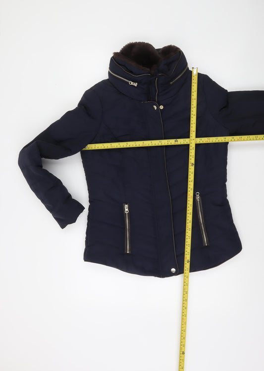 F&F Women's Blue Short Puffer Jacket Size 10 with Faux Fur Collar