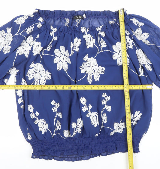 Quiz Women Blue Embroidered Off Shoulder Short Sleeve Blouse Size 14