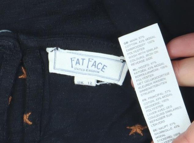 Fat Face Women Black Star Print V-Neck 3/4 Sleeve T-Shirt UK 12