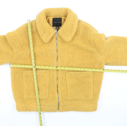 New Look Women Yellow Fleece Bomber Jacket Size M Zip Up Casual