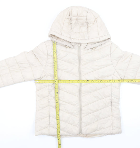 Primark Women’s Beige Puffer Jacket Hooded Size S 10-12 Quilted Zip Coat