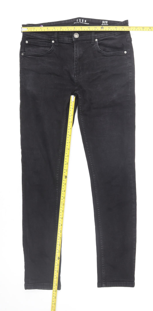 FSBN Men's Black Slim Fit Denim Jeans 33W 32L Skinny Style