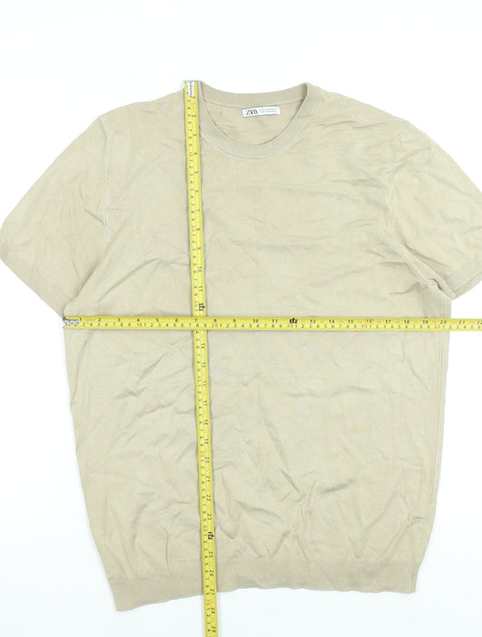 Zara Men Beige Cotton Short Sleeve Pullover Jumper M Regular Fit