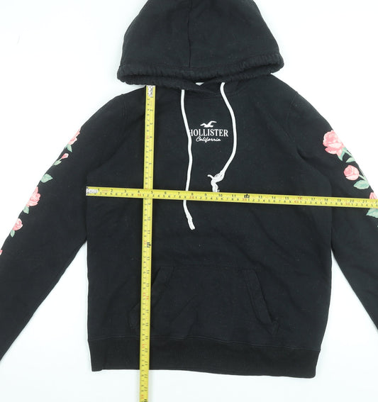 Hollister Women Black Floral Pullover Hoodie Small Cotton Blend