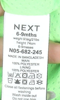 Brand and care label for Next unisex baby blue cartoon hooded rain jacket 6-9 months polyester